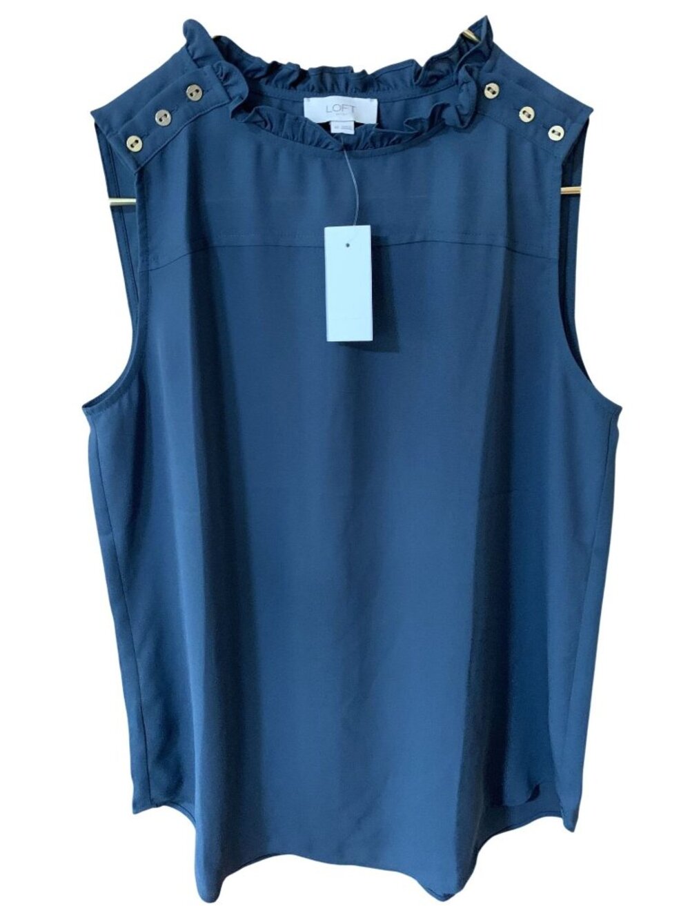 NWT LOFT Outlet Womens XS Blue Ruffle Neck Sleeveless Blouse Preppy Office Chic